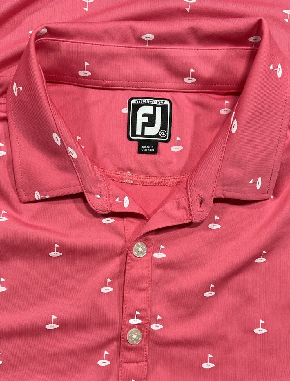 FootJoy Men’s 18 Holes Print Short Sleeve Athletic Fit Polo Shirt Pink Size XL